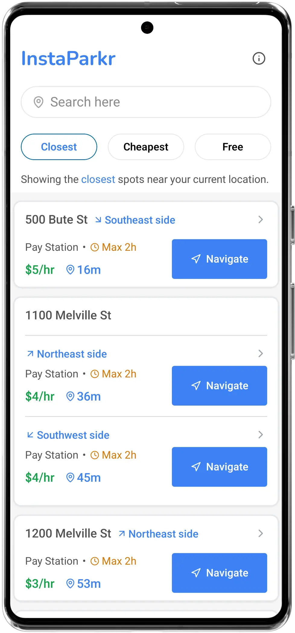 InstaParkr app list view