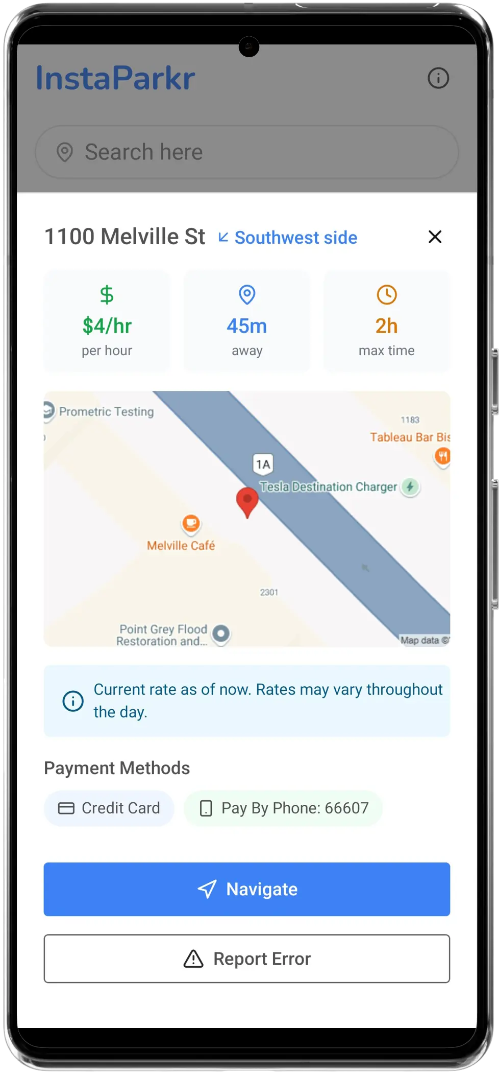 InstaParkr app map view